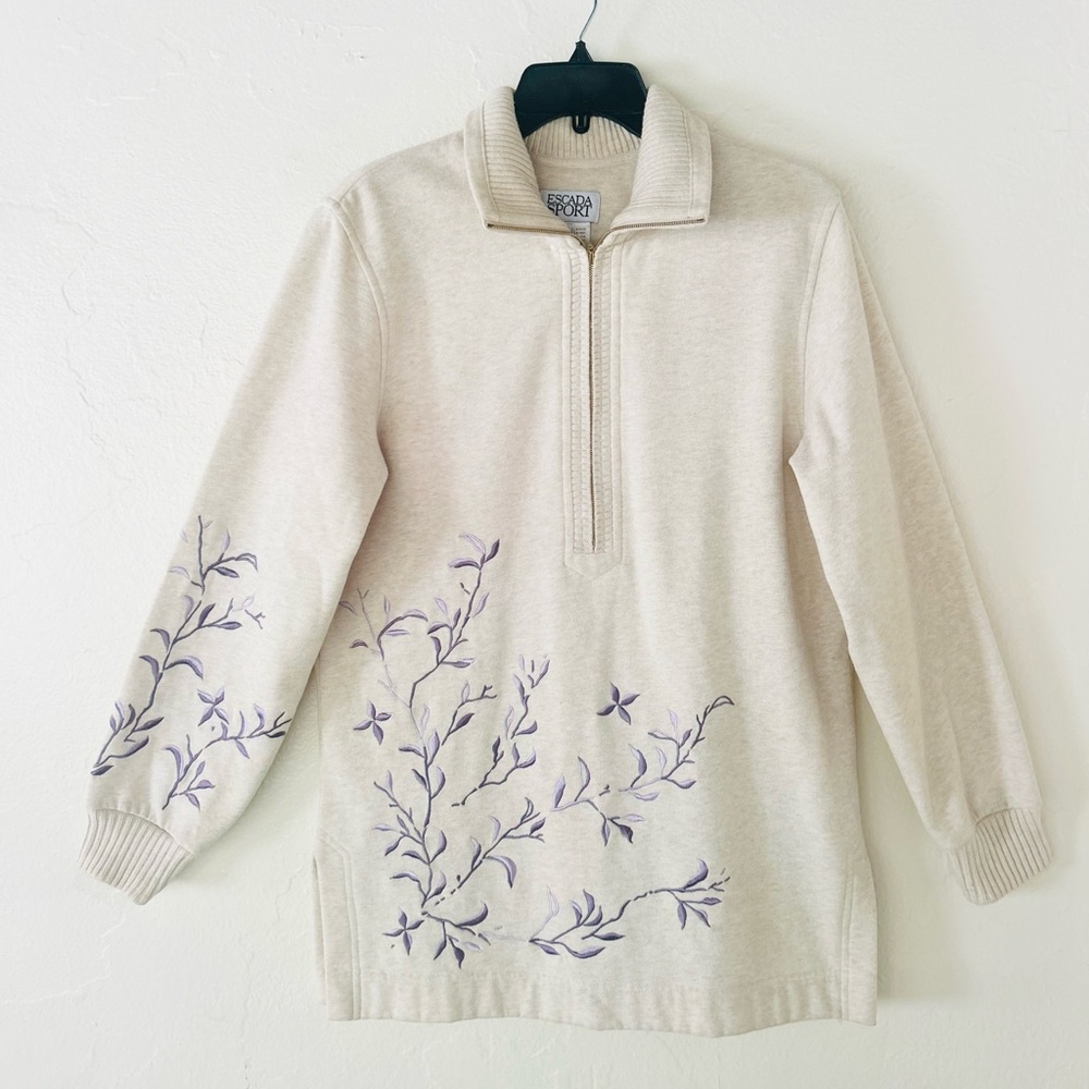 Escada Sport Cream Chunky Half Zip Embroidered Sweatshirt Mock Neck Small